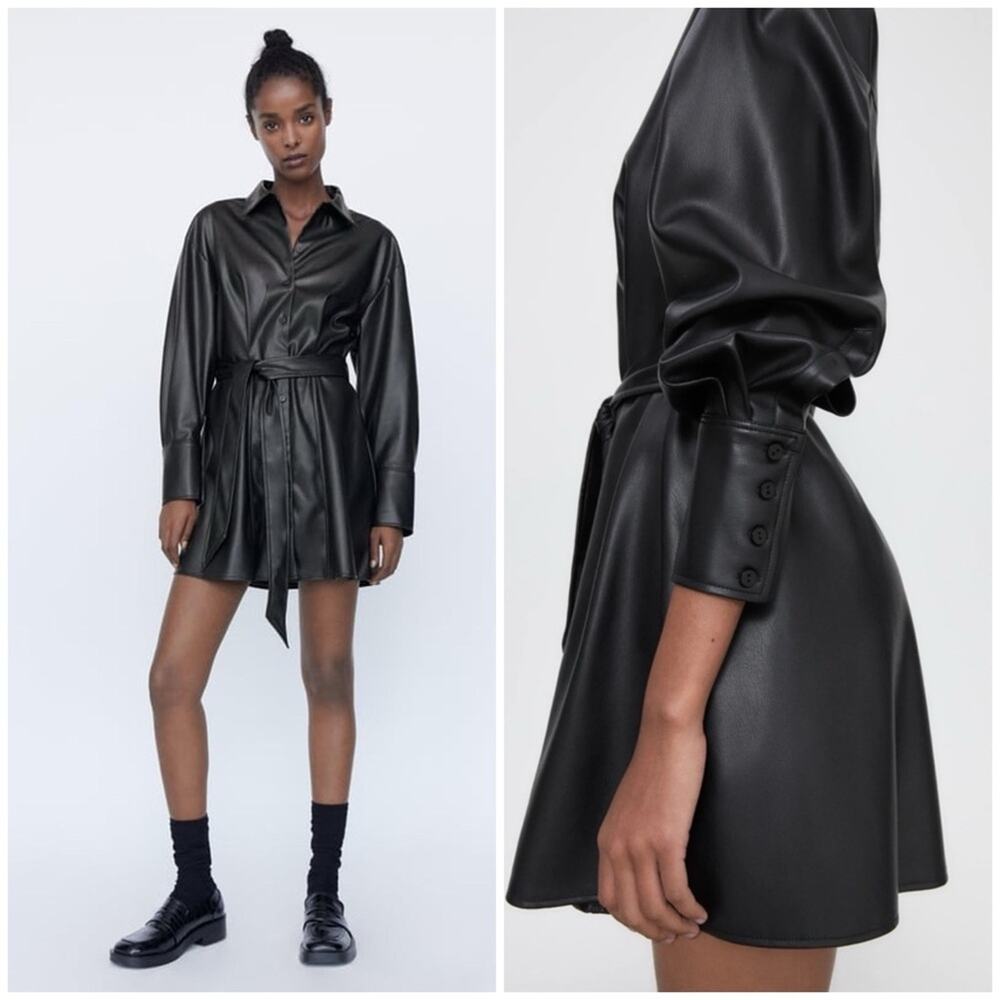 NWT Zara Black Faux Leather Shirt Dress - Picture 3 of 11